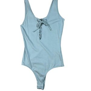 Me To We Small Blue Sleeveless Tie Front Thong Bodysuit New